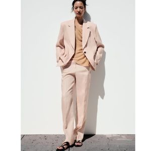 NWT Zara suit 100% linen straight cut blazer + straight leg pants beige-pink